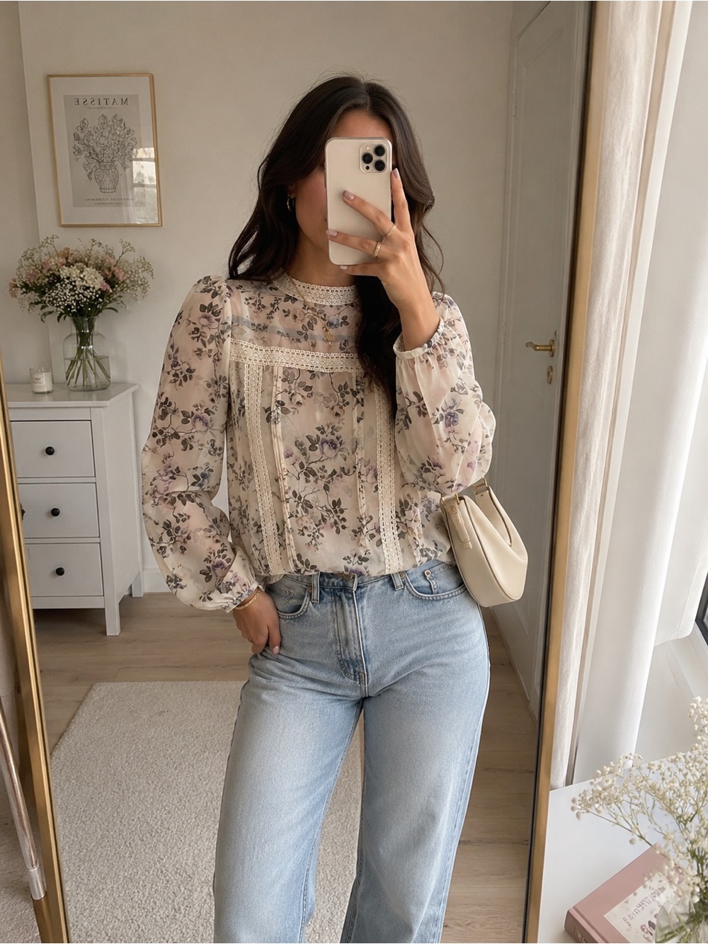 LC Lauren Conrad White Sheer Blouse with Lavender & Gray Floral